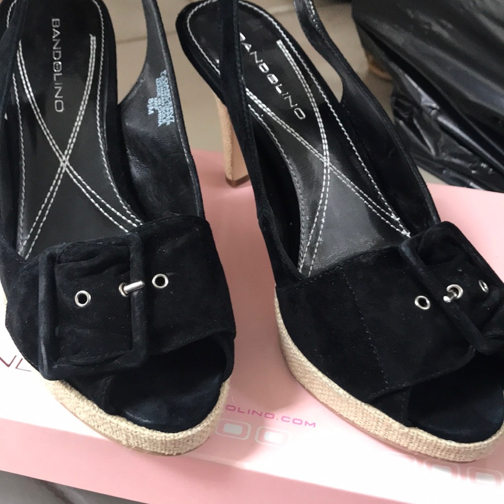 Black suede peep toe sling back heels